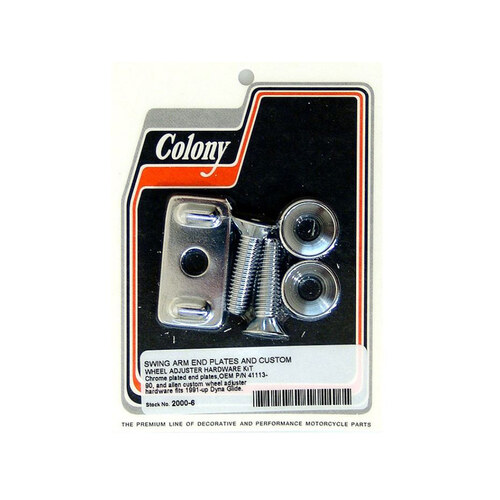 Colony Machine CM-2000-6 Axle Adjusting Kit w/Swing Arm End Plates & Wheel Adjuster Hardware Chrome for Dyna 91-05