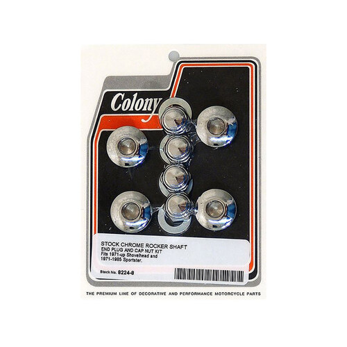 Colony Machine CM-8224-8 Stock Rocker Shaft Plug & Nut Kit Chrome for Shovelhead 71-84/Sportster 71-85