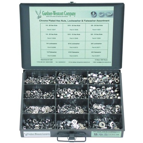 Gardner-Westcott GWA30 Tray Assortment Hex Nuts Chrome 534PC/16 Sizes  6/32 through to 5/8 - CC1I (Easy-R)