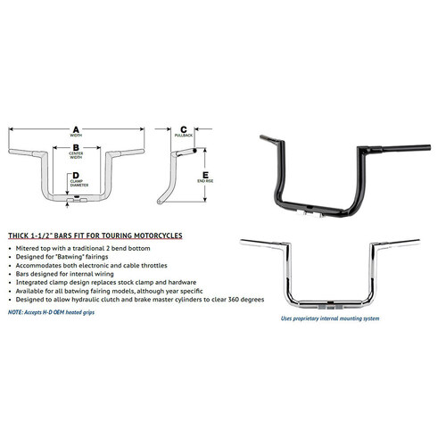 LA Choppers LA-7365-14 14" x 1 1/2" Grande Twin Peaks Handlebar Chrome for Electra Glide/Street Glide/Ultra Glide 14-Up Models