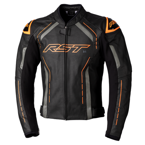 RST S-1 CE Black/Grey/Neon Orange Leather Jacket [Size:SM]