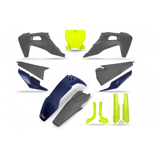 UFO Plastics Kit Grey/Blue/Yellow w/Fork Sliders & Frame Guards for Husqvarna TC125/250/FC250/350/450 19-22